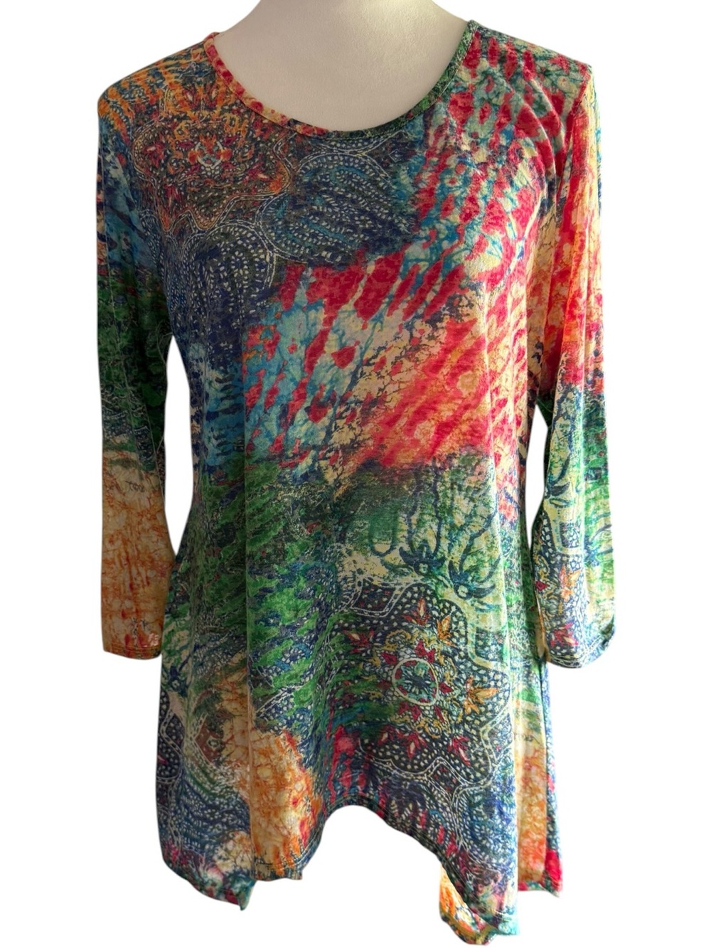 Tianello Women’s Multicolor Printed Long Sleeve Tunic Top - asymmetrical hem